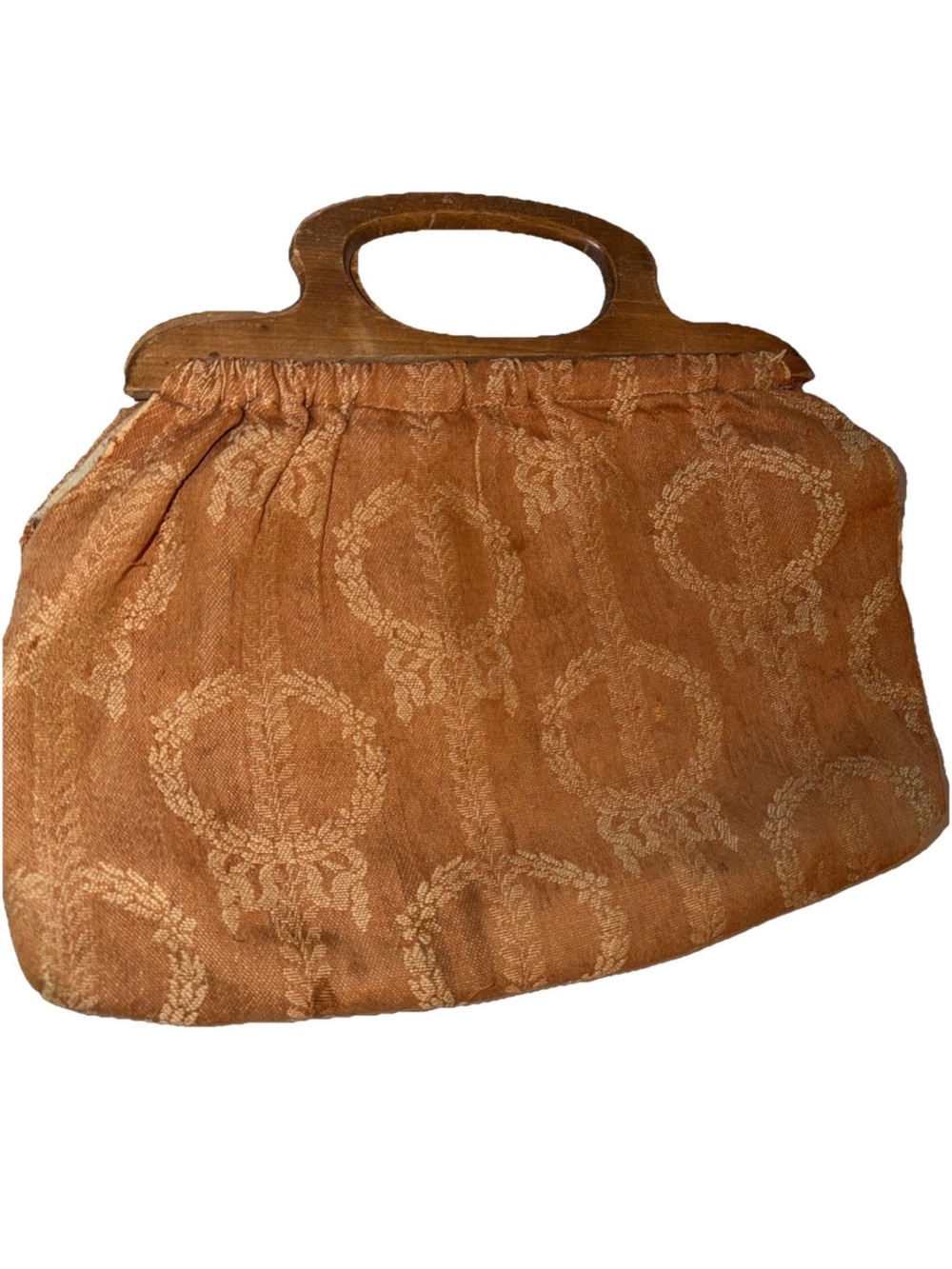 VINTAGE Brown Embossed CLOTH PURSE BAG, WOODEN HANDLE Victorian Grannie Retro